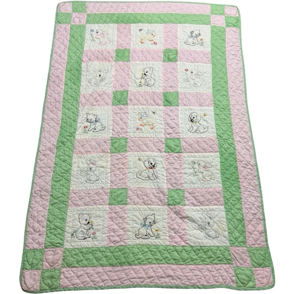 Hand Embroidered Hand Quilted 15 Squares Animals Pink Green Gingham 67‎ X 44